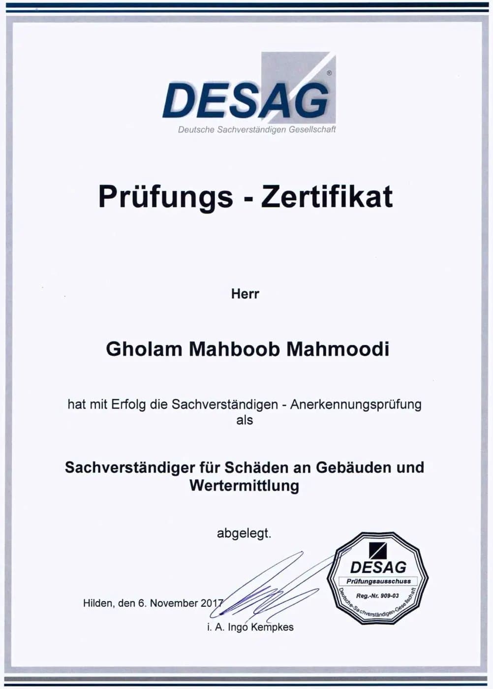 Zertifikat: Sachverständiger für Schäden an Gebäuden und Wertermittlung — Mahboob Mahmoodi