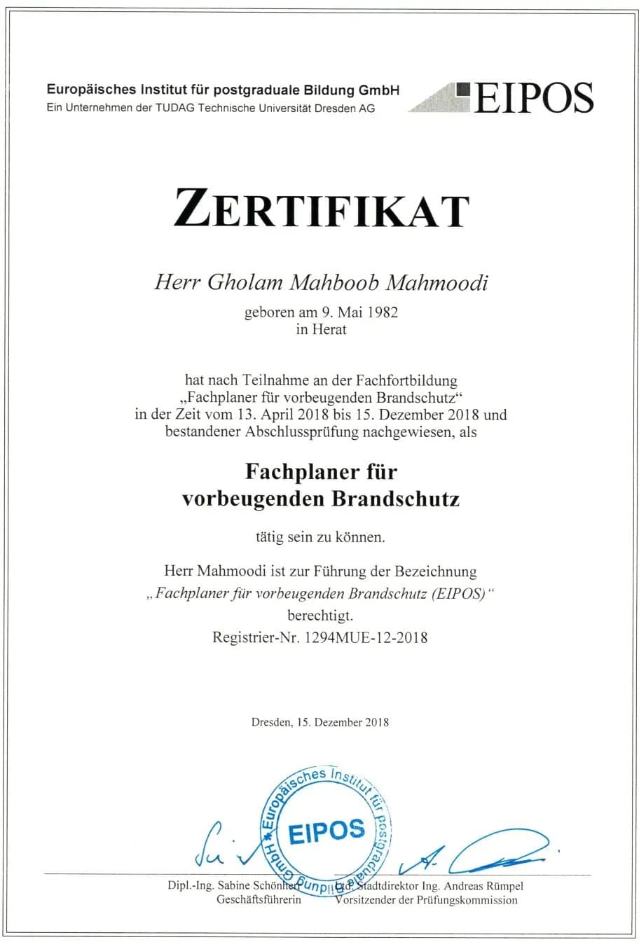 Zertifikat: Fachplaner für vorbeugenden Brandschutz — Mahboob Mahmoodi