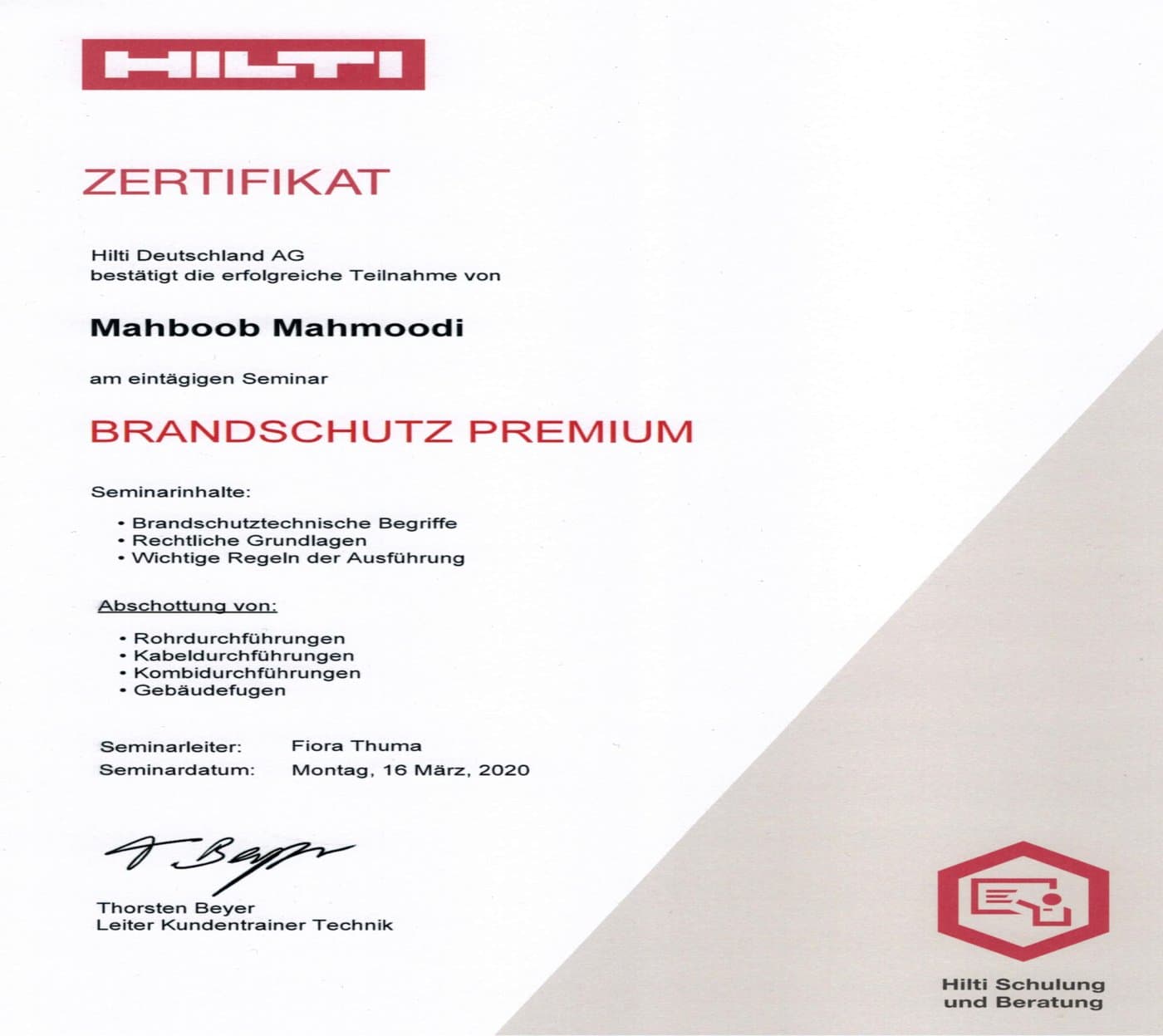 Zertifikat: Brandschutz Premium — Mahboob Mahmoodi