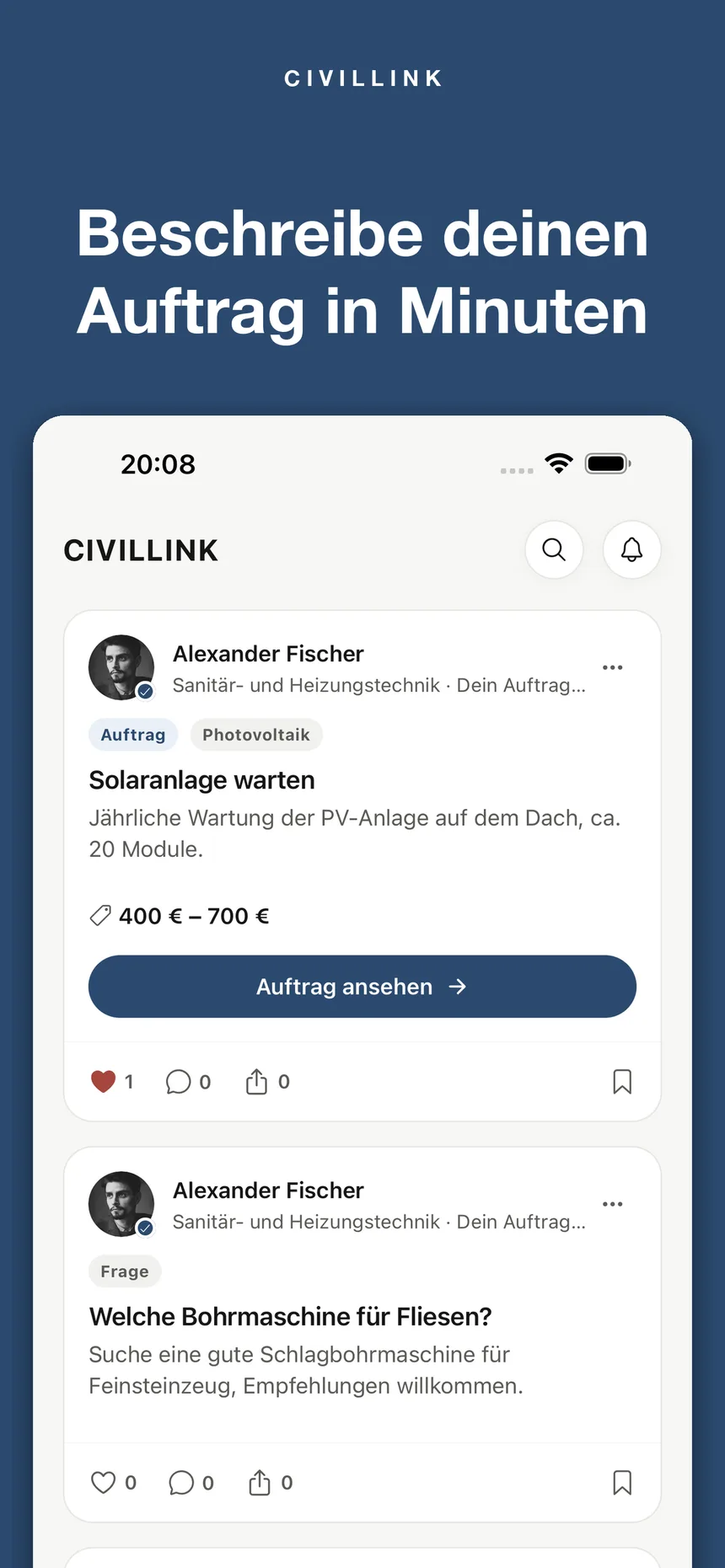 CivilLink: Auftrag beschreiben und im Feed veröffentlichen