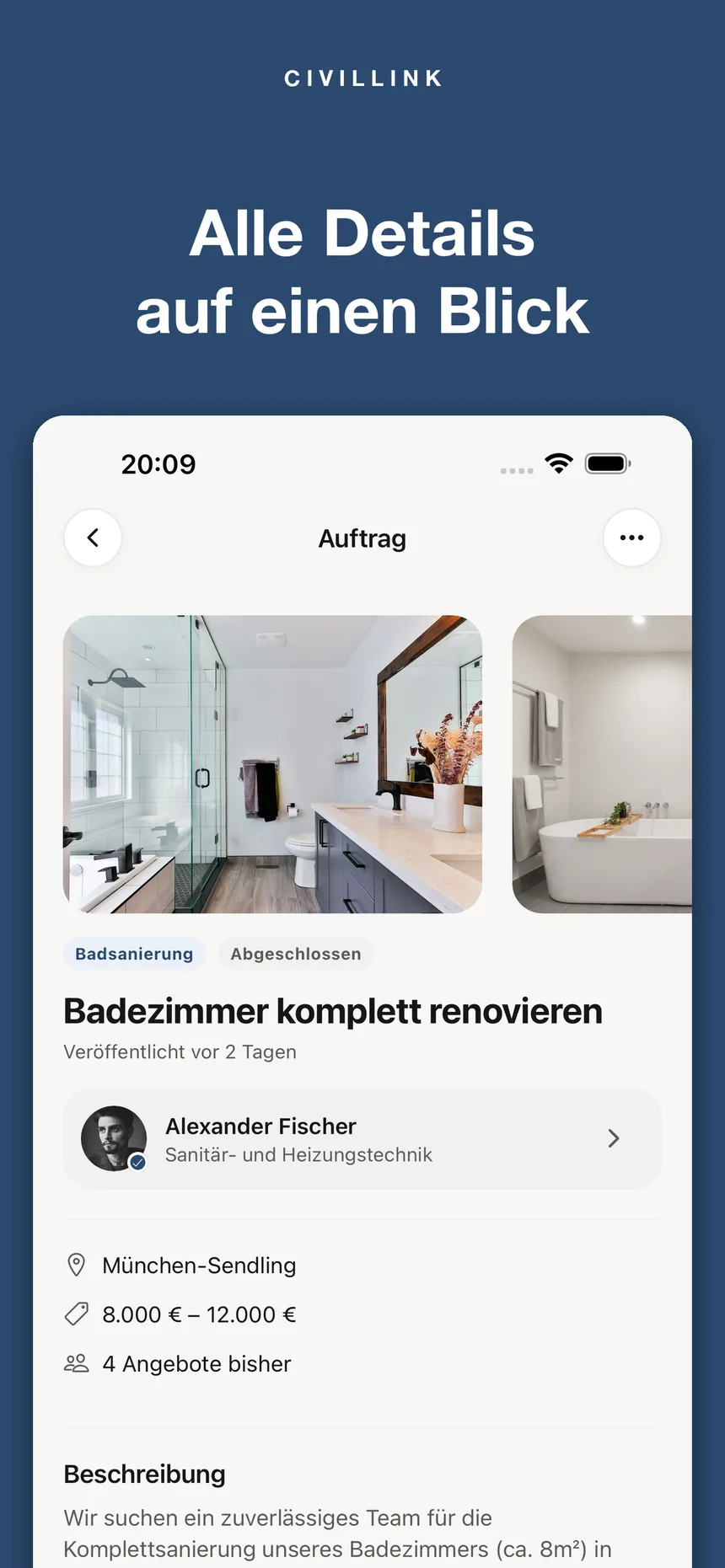 CivilLink: Auftragsdetails mit Fotos und Budget